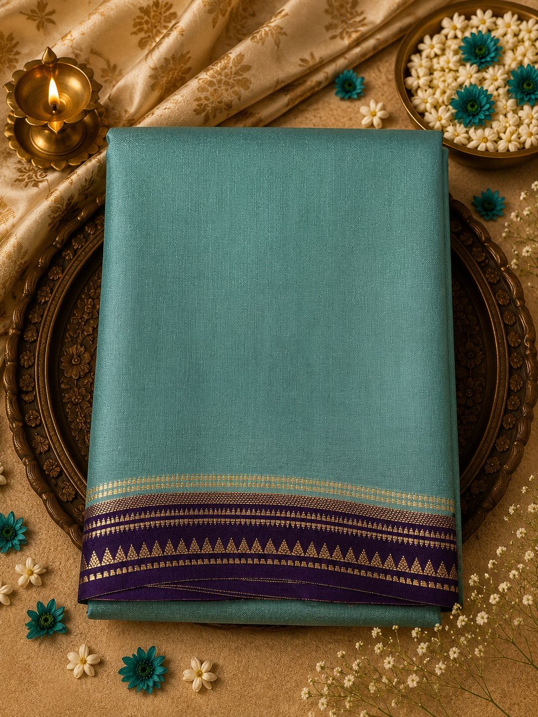 Sea Green Temple Border Semi Crepe Silk Saree