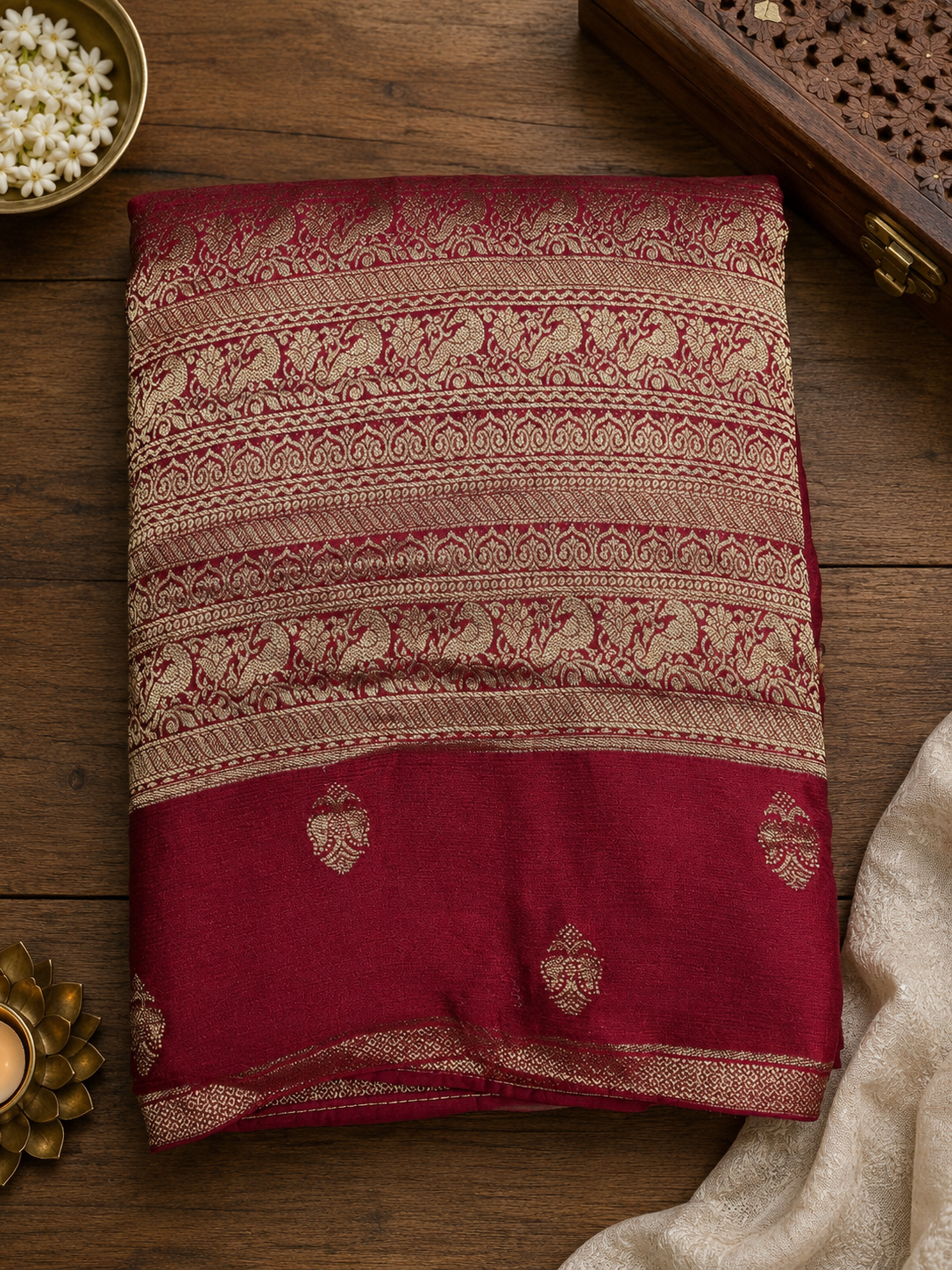 Red Brocade Crepe Saree