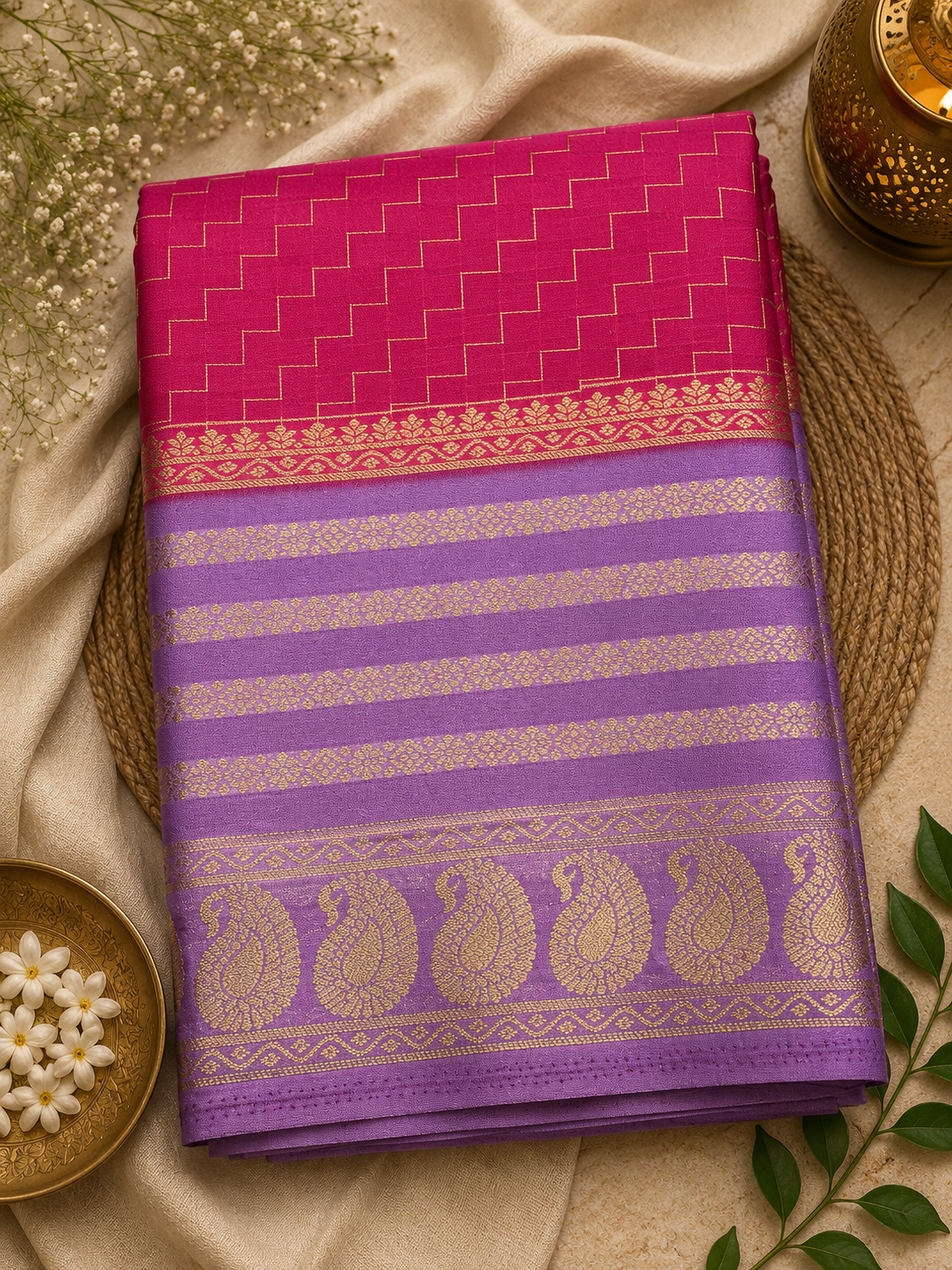 Pink with Violete Zig Zag Semi Mysore Silk Saree