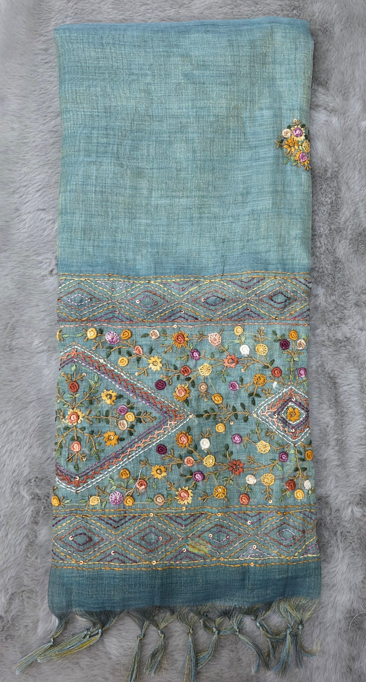 Soft Lenin Tussar Handwoven with Embroidery Saree