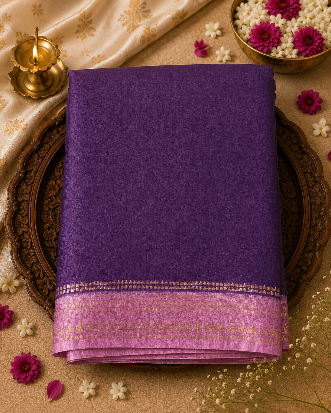 Purple Temple Border Semi Crepe Silk Saree