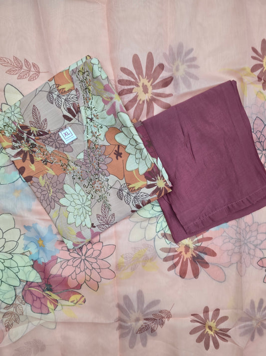 Pink floral print Muslin Silk 3pc Set