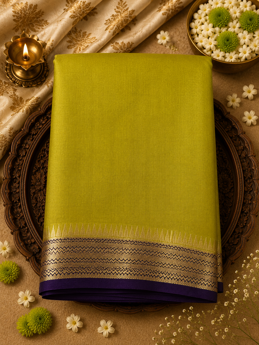 Lime Green Temple Border Semi Crepe Silk Saree