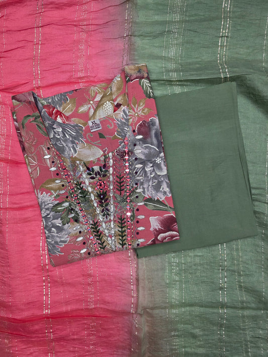 Pink with Green Muslin Silk 3pc Set