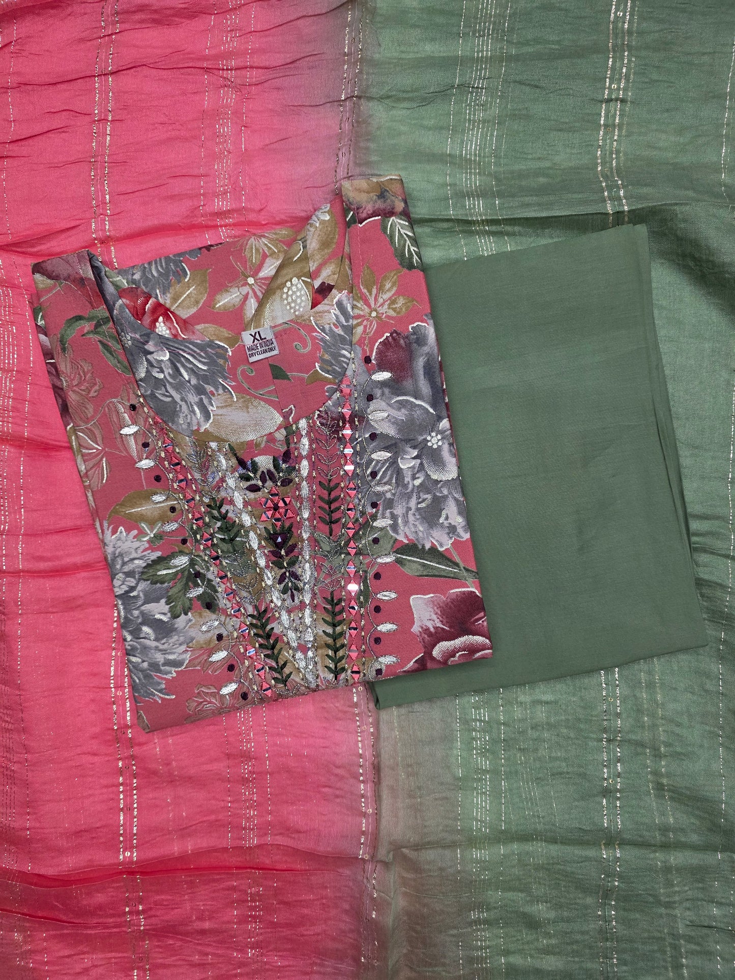 Pink with Green Muslin Silk 3pc Set
