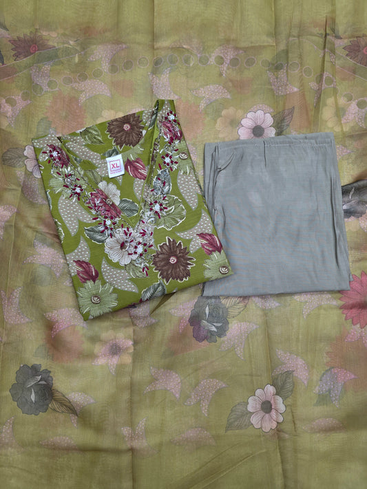 Olive Green Muslin Silk 3pc Set
