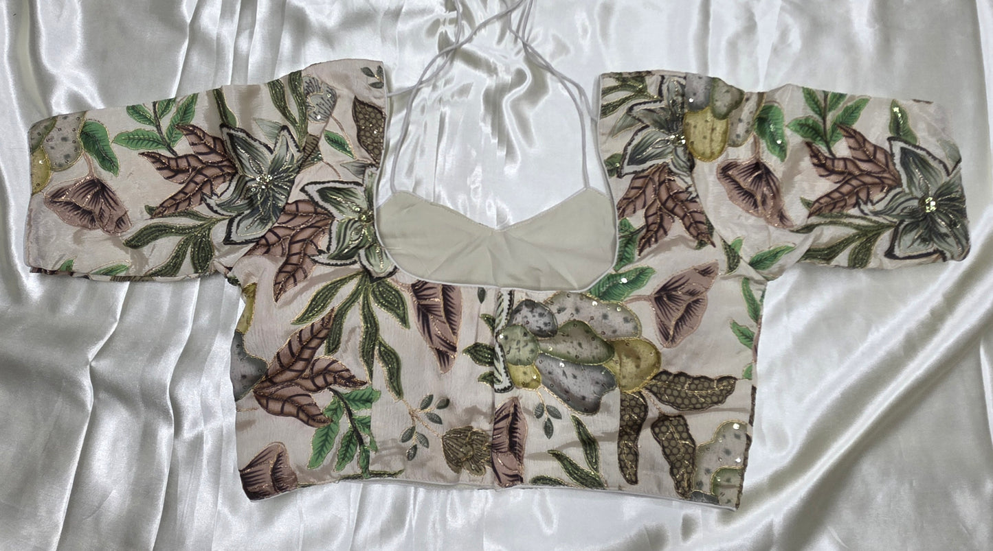 Cream with Green prints Crepe Silk print Blouse