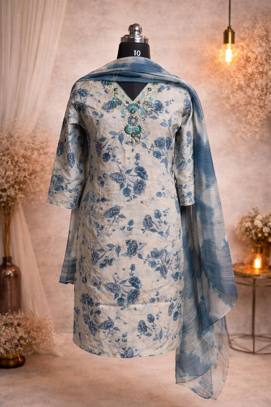 Blue Muslin Silk 3pc Set