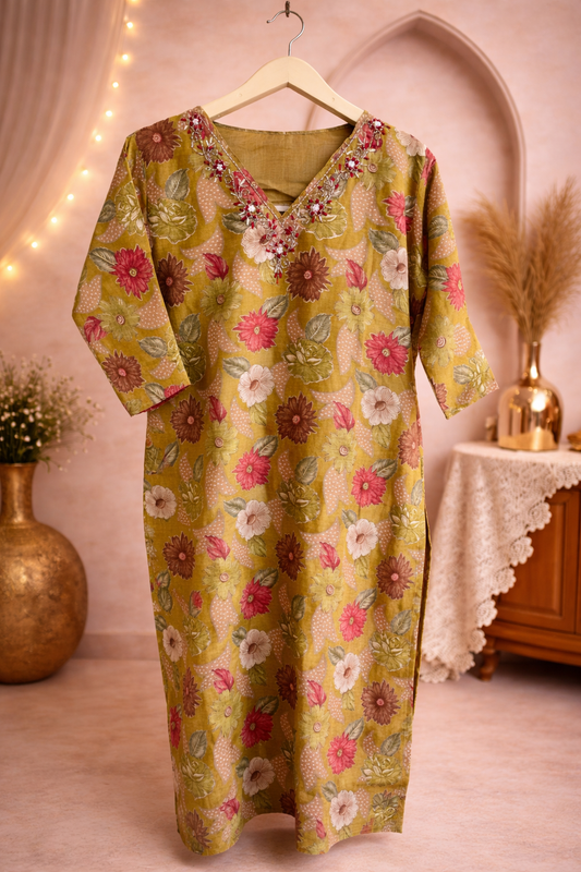 Olive Green Muslin Silk 3pc Set