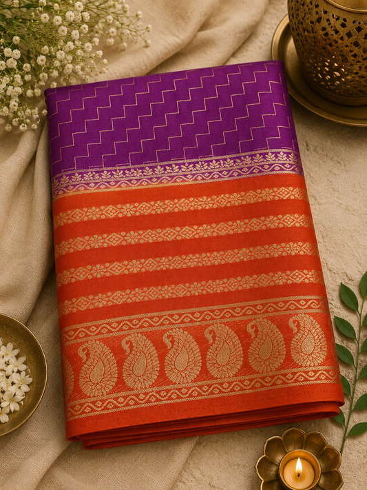 Purple with Orange Zig Zag Semi Mysore Silk Saree