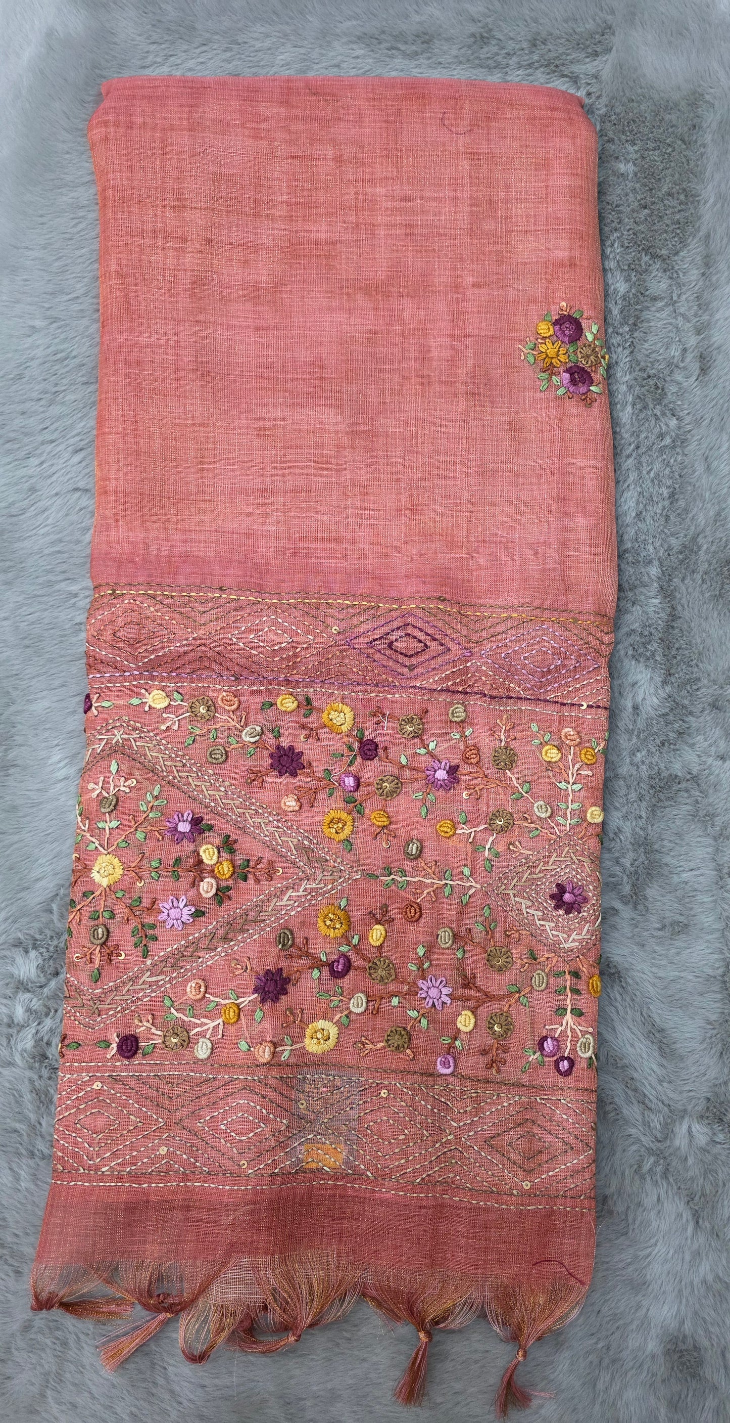 Soft Lenin Tussar Handwoven with Embroidery Saree