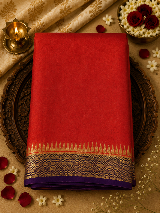 Crimson Red Temple Border Semi Crepe Silk Saree