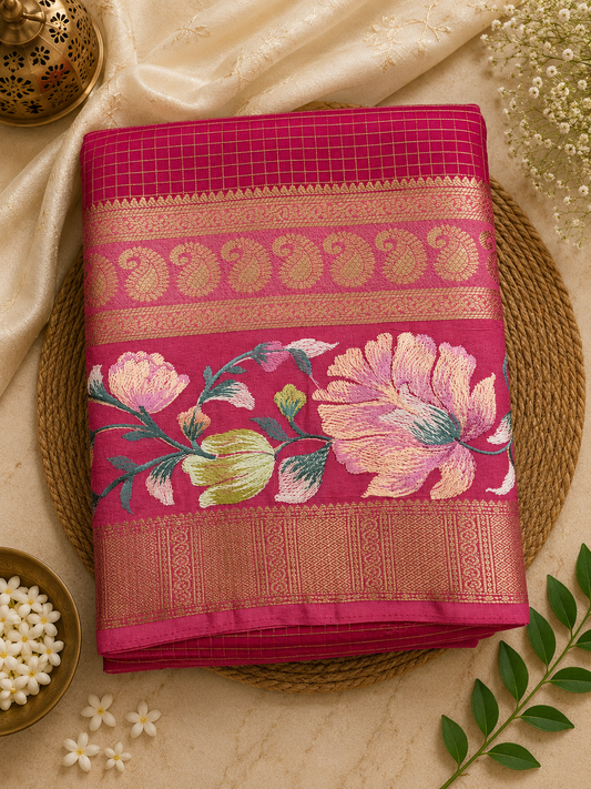 Dark Pink Checks Semi Mysore Silk Saree