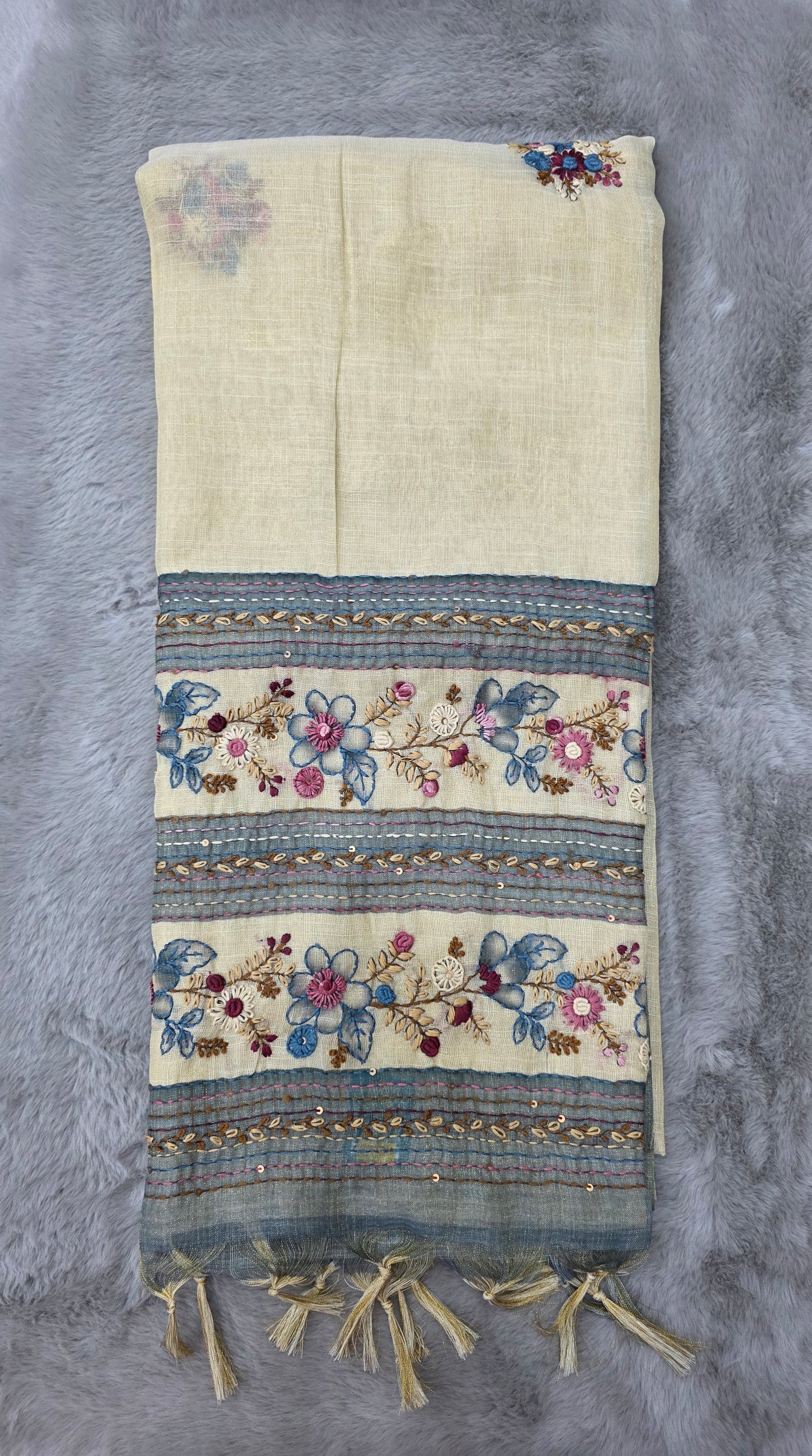 Soft Lenin Tussar Handwoven with Embroidery Saree
