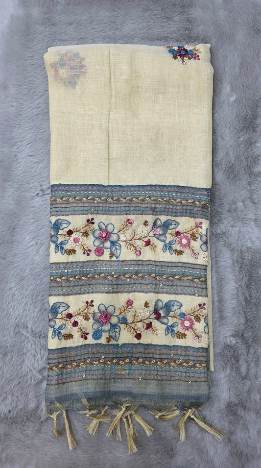 Soft Lenin Tussar Handwoven with Embroidery Saree