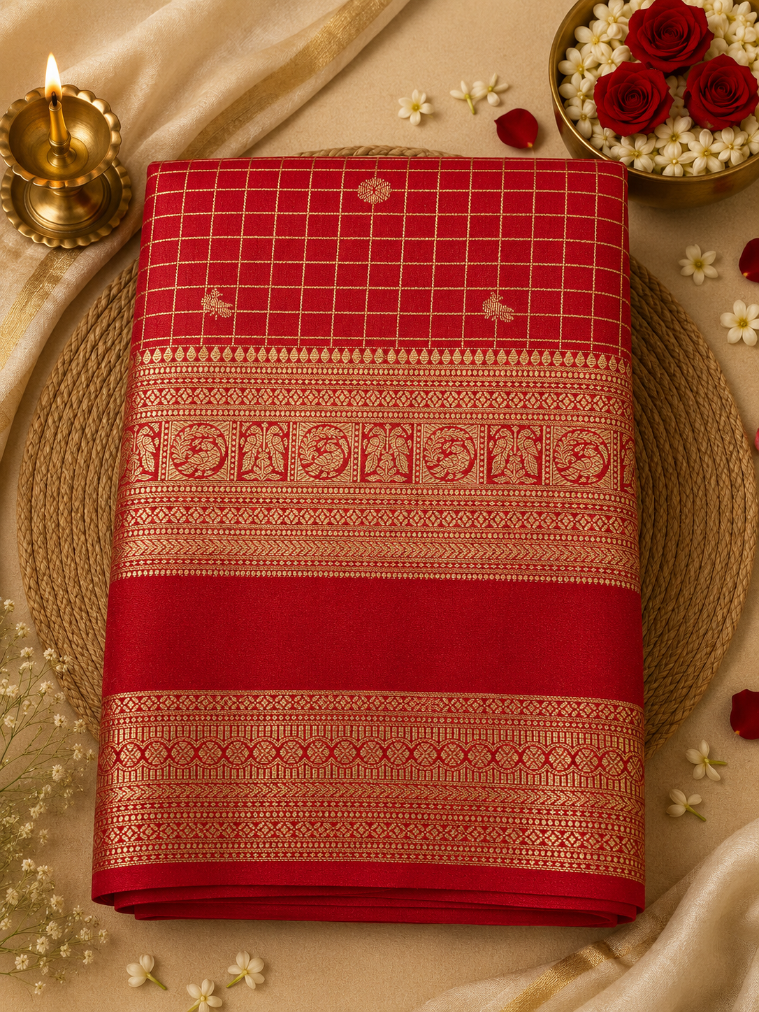 Red Checks Semi Mysore Silk Saree