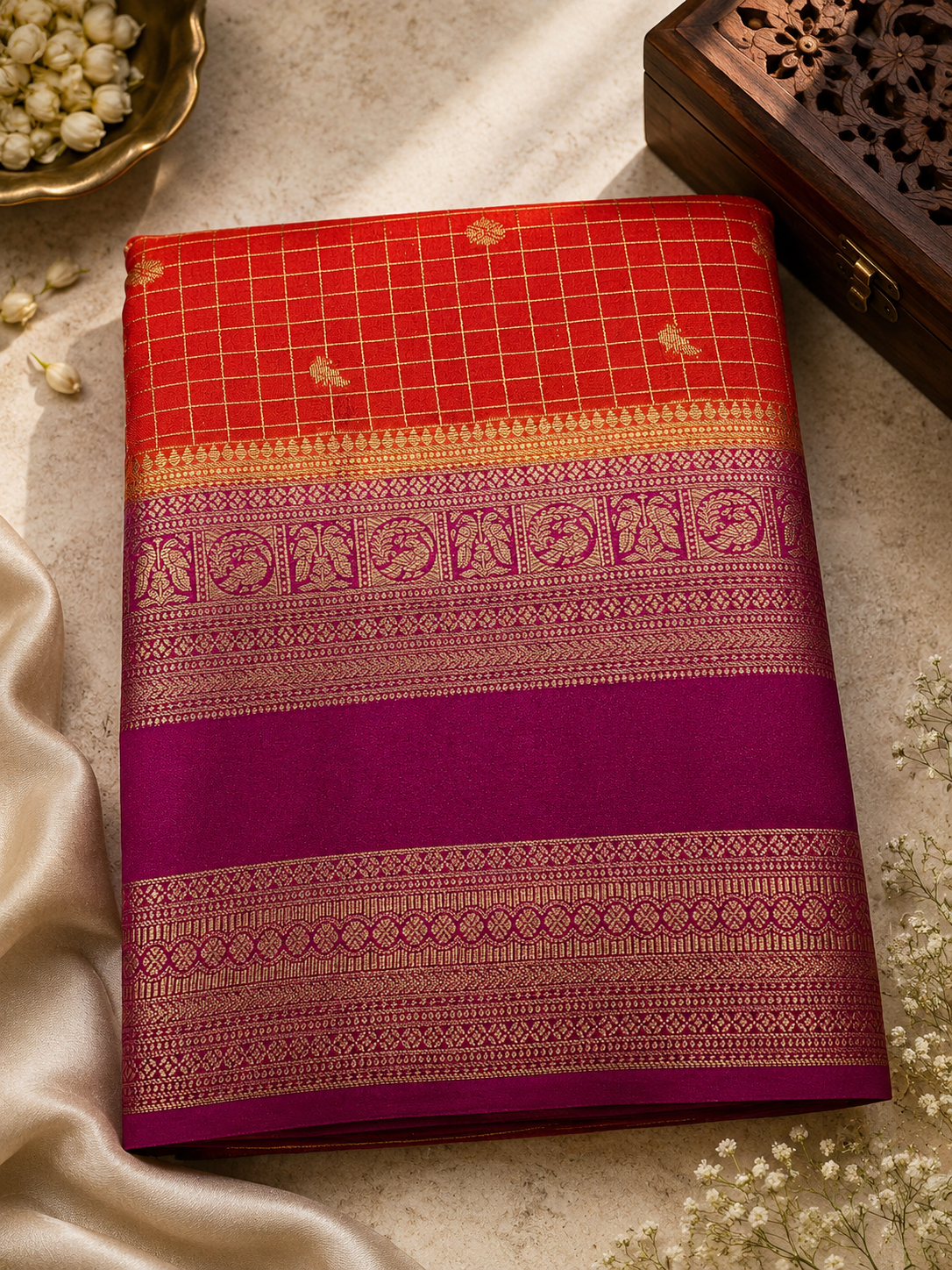 Orange with Pink Checks Semi Mysore Silk Saree