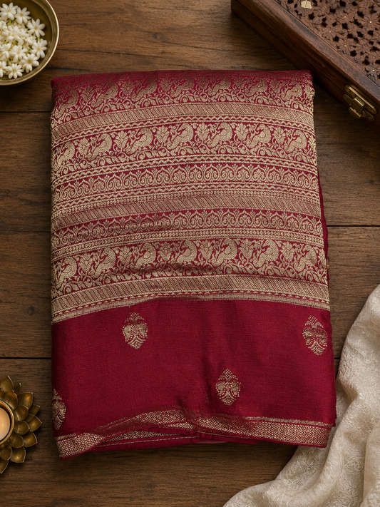 Red Brocade Crepe Saree