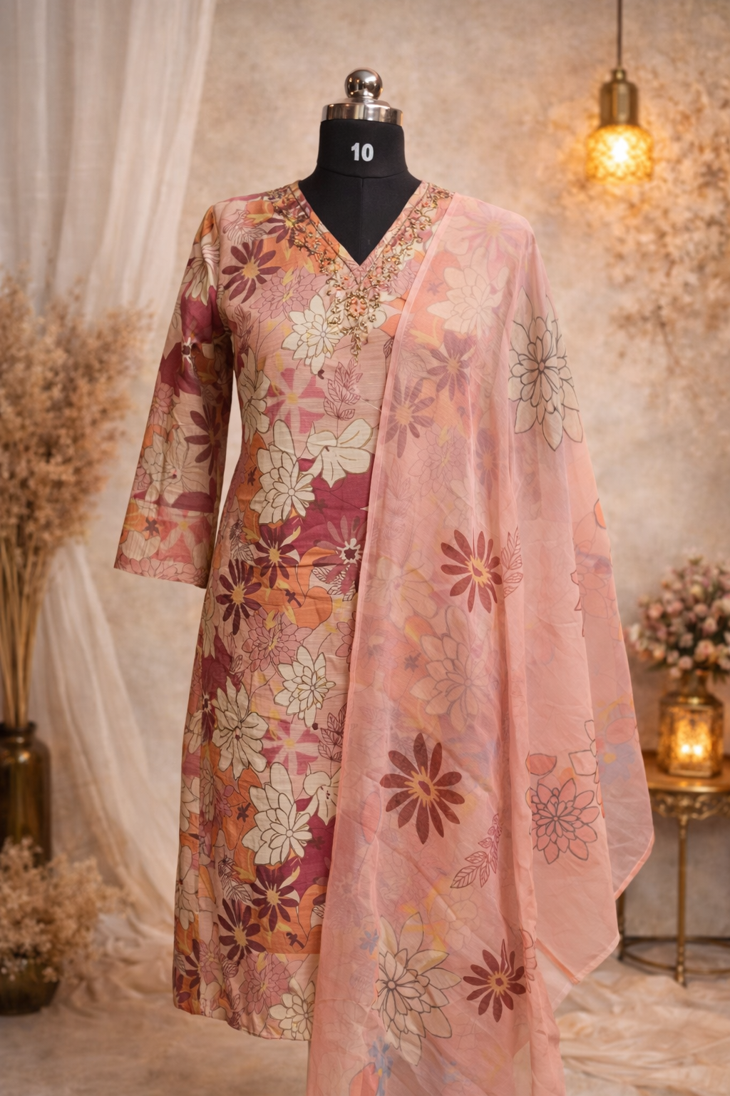 Pink floral print Muslin Silk 3pc Set