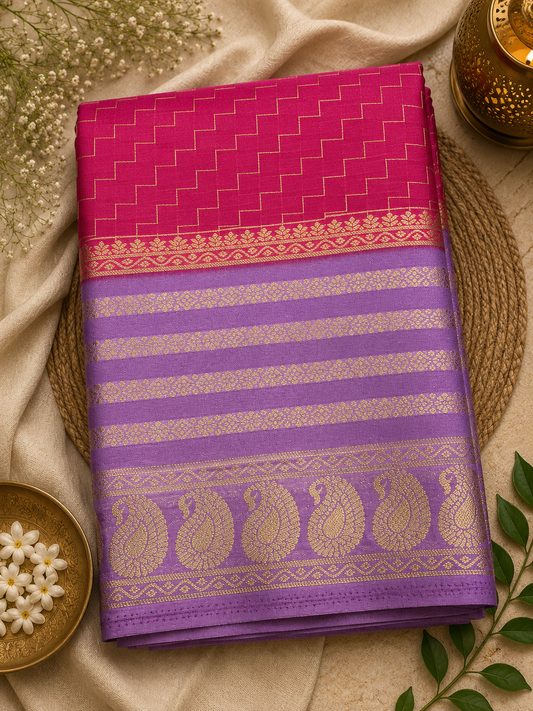 Pink with Violete Zig Zag Semi Mysore Silk Saree