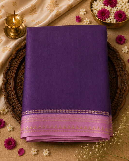 Purple Temple Border Semi Crepe Silk Saree
