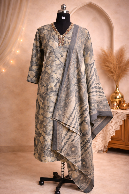 Ash Grey Muslin Silk 3pc Set