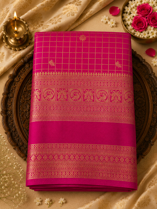 Pink Checks Semi Mysore Silk Saree