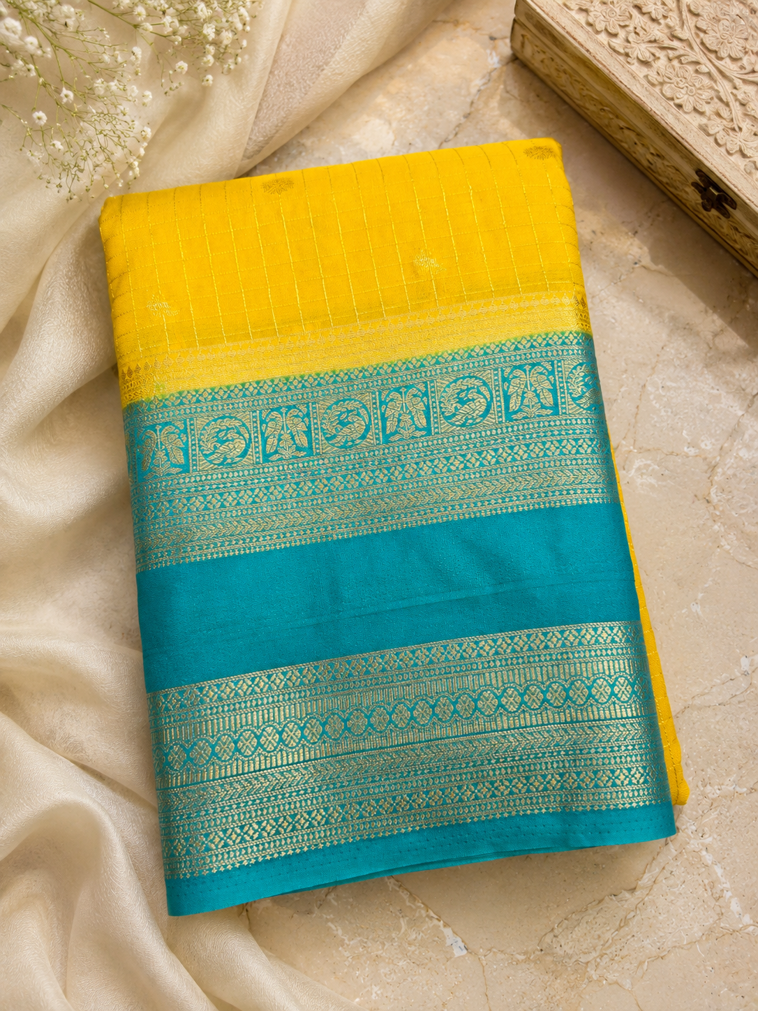 Yellow with blue Checks Semi Mysore Silk Saree