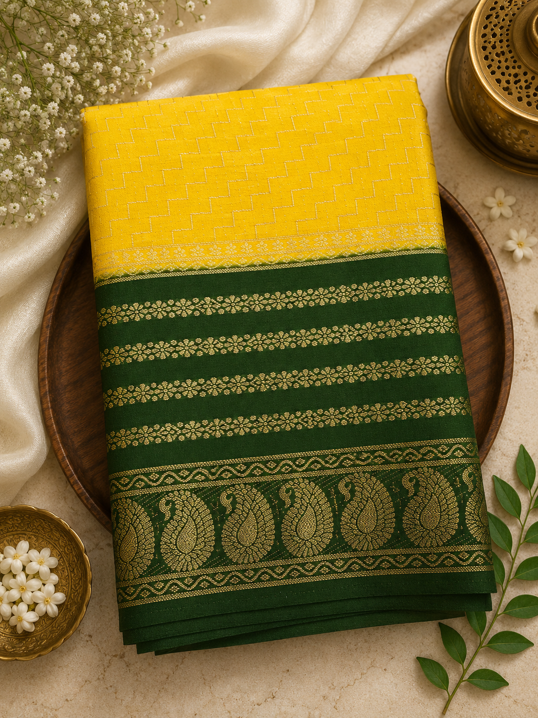 Yellow with Green Zig Zag Semi Mysore Silk Saree