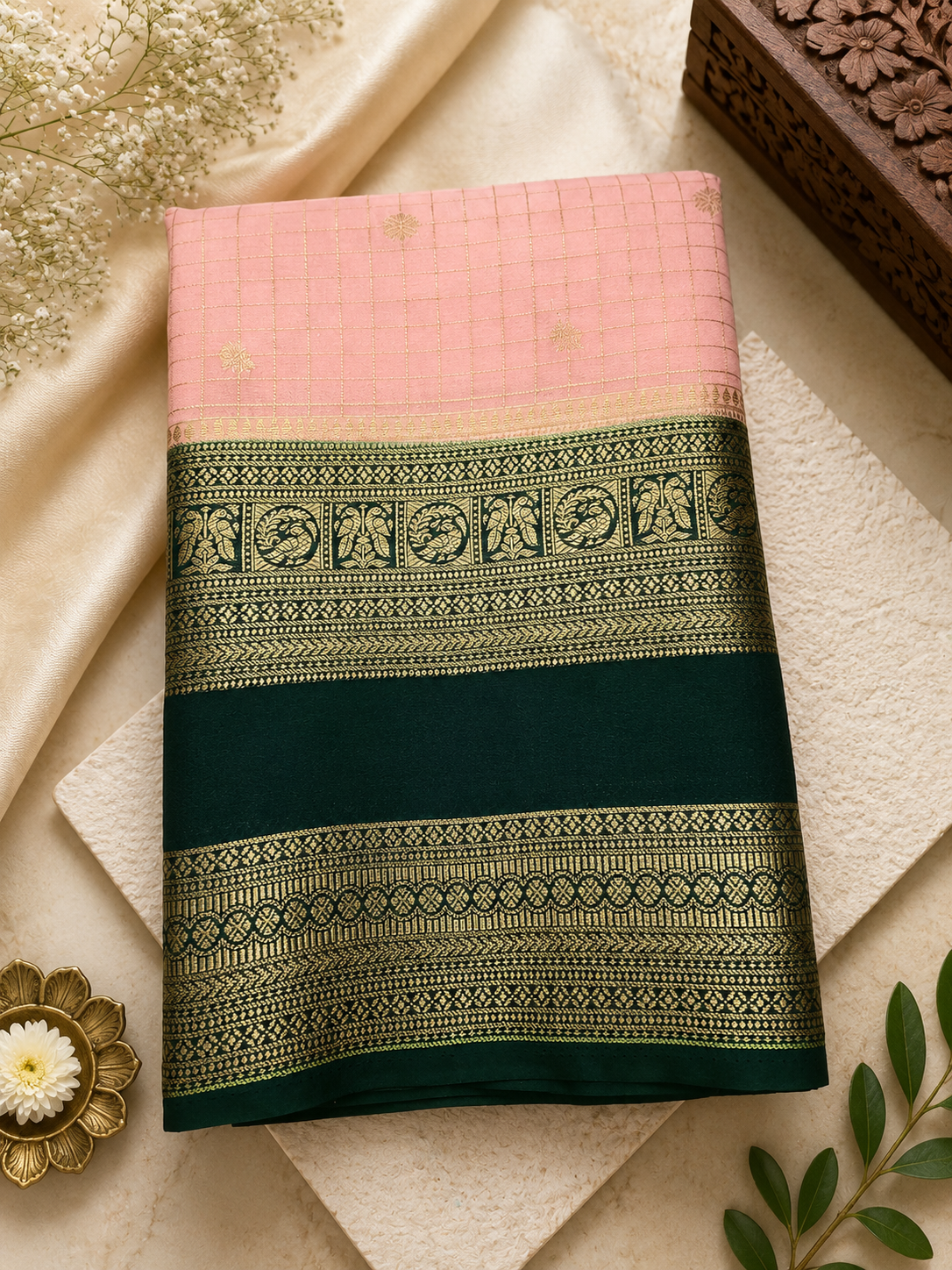 Baby Pink with Green Checks Semi Mysore Silk Saree