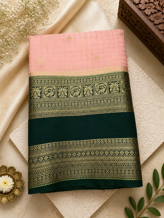 Baby Pink with Green Checks Semi Mysore Silk Saree