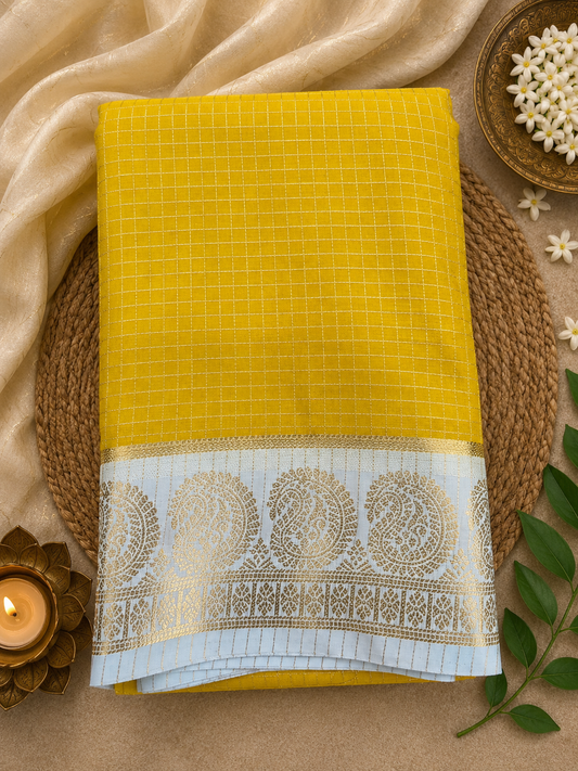 Yellow Semi Crepe Silk Saree
