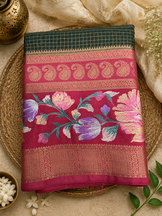 Green Checks Semi Mysore Silk Saree