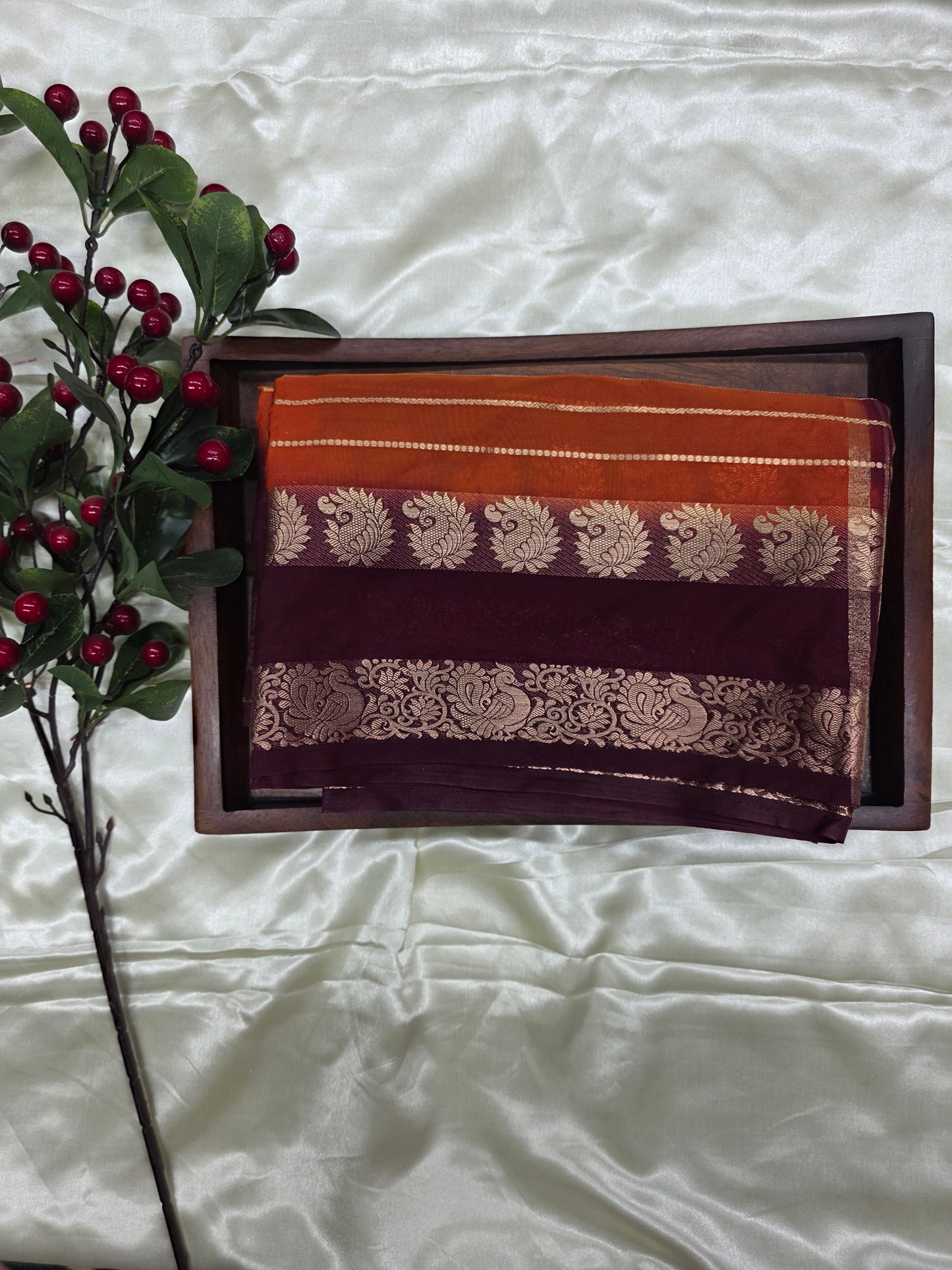 Rust Orange Semi Crepe Saree