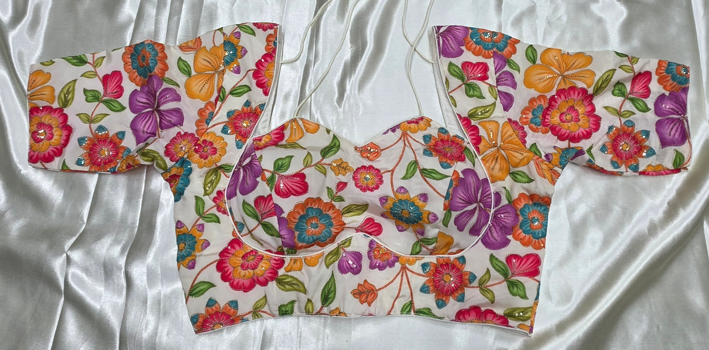 Cream flower print Crepe Silk Blouse