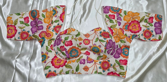 Cream flower print Crepe Silk Blouse