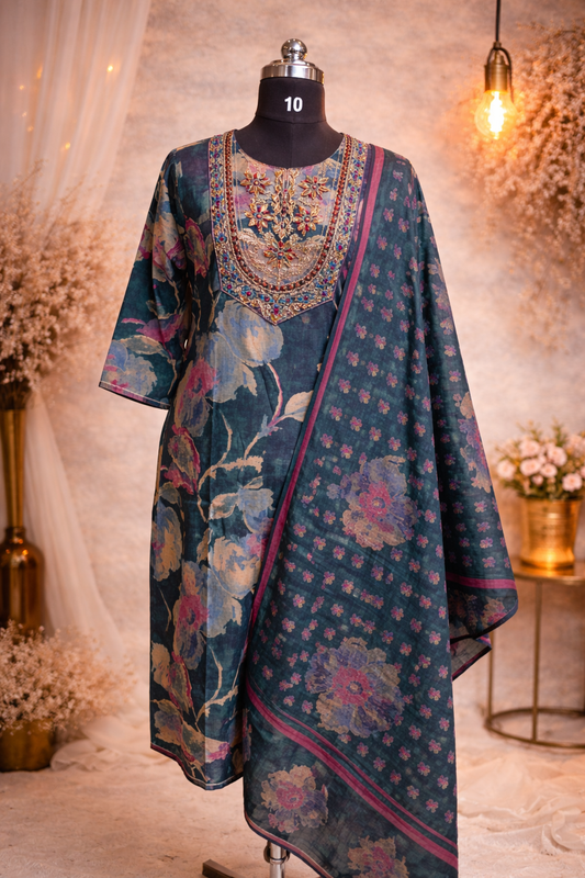 Blue Muslin Silk 3pc Set