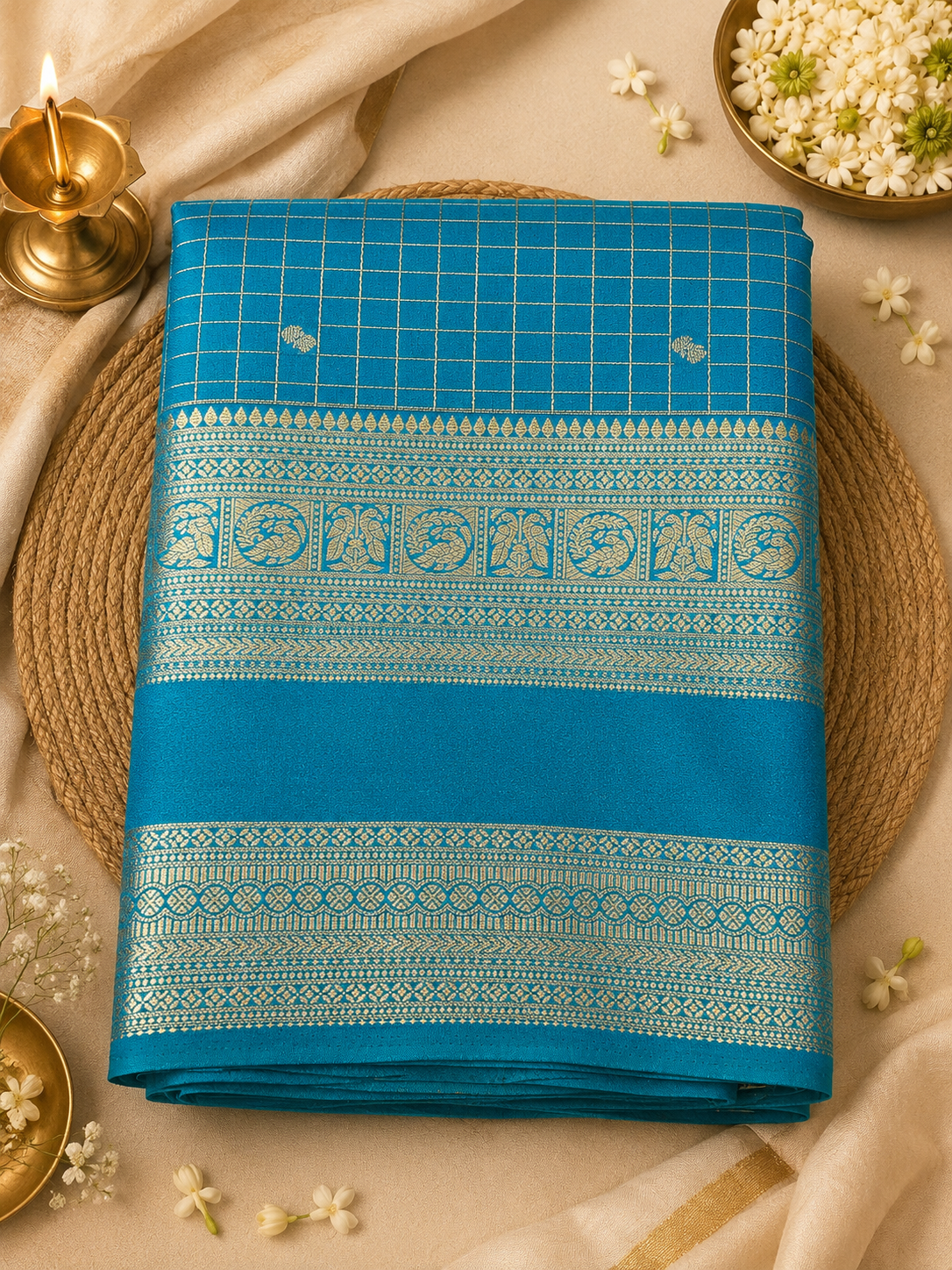Sky Blue Checks Semi Mysore Silk Saree