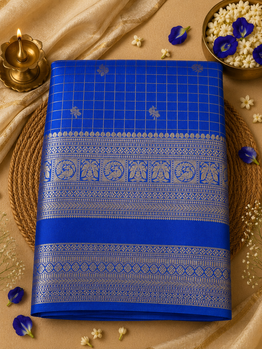 Blue Checks Semi Mysore Silk Saree