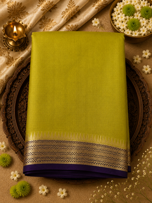 Lime Green Temple Border Semi Crepe Silk Saree