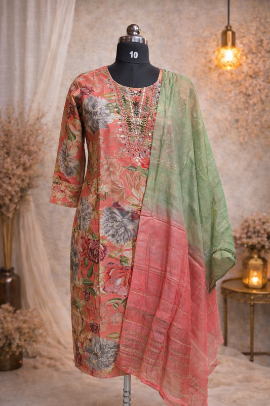 Pink with Green Muslin Silk 3pc Set
