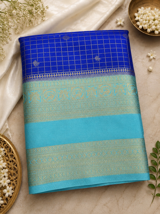 Dark Blue with Light Blue Checks Semi Mysore Silk Saree