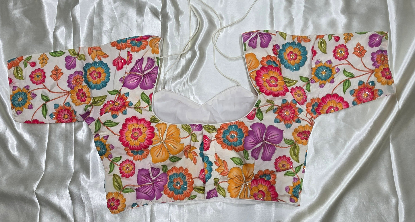 Cream flower print Crepe Silk Blouse