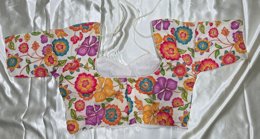 Cream flower print Crepe Silk Blouse