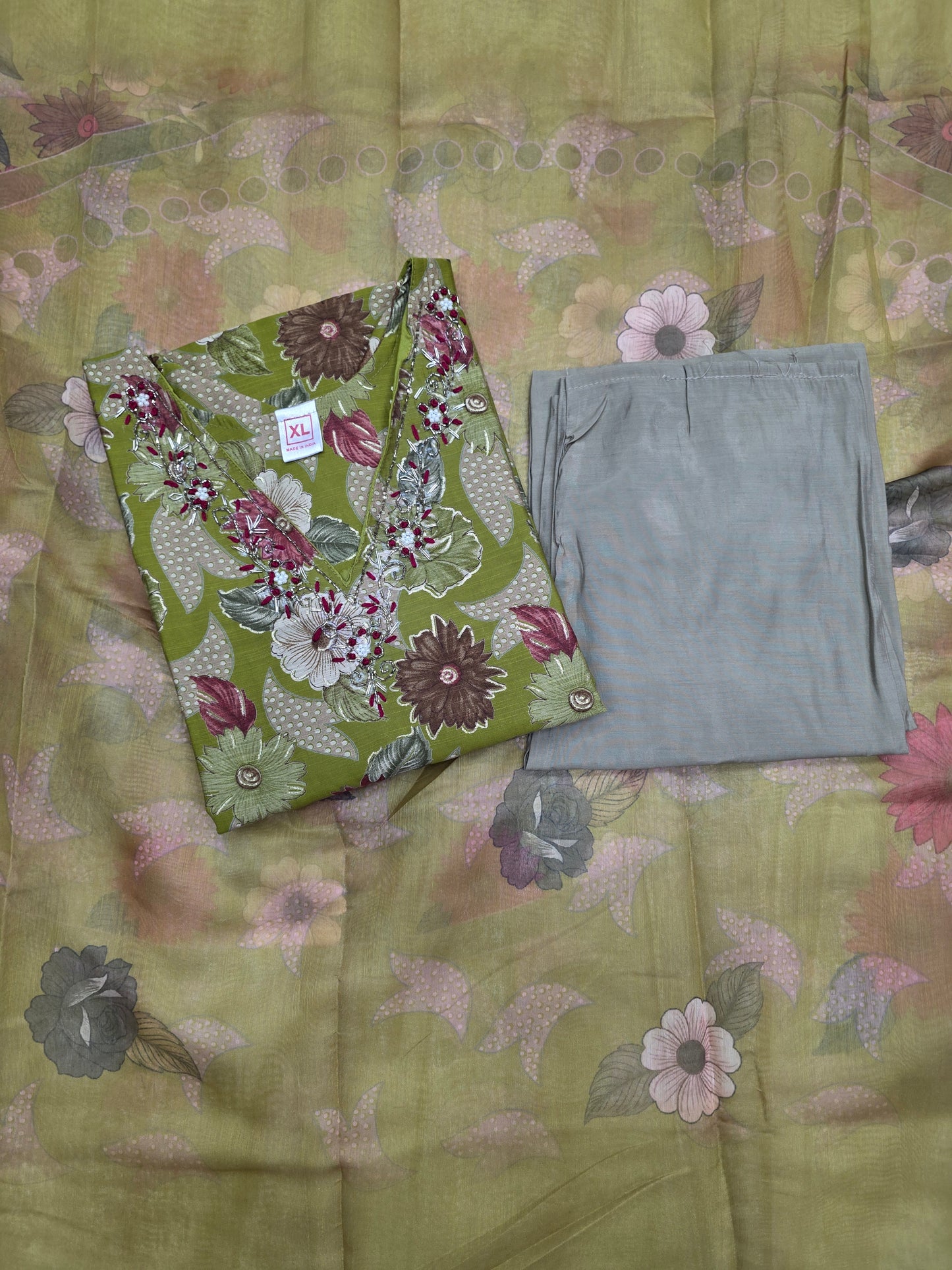 Olive Green Muslin Silk 3pc Set