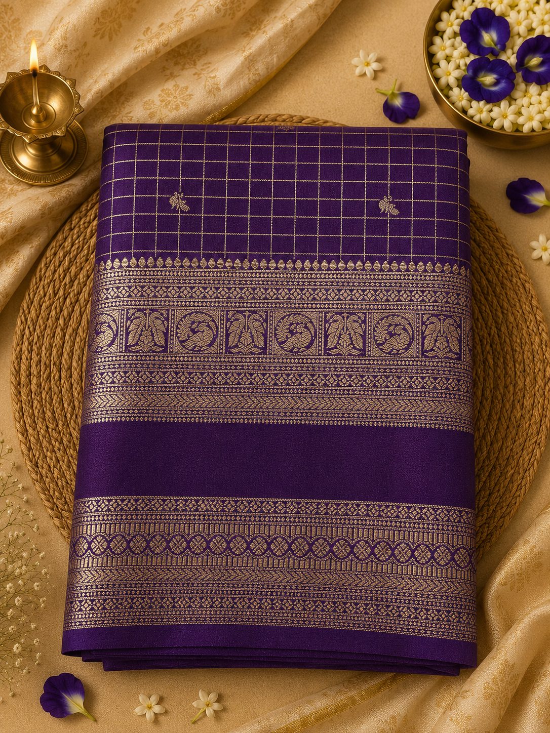 Purple Checks Semi Mysore Silk Saree