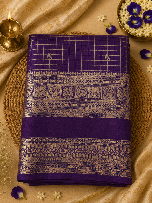 Purple Checks Semi Mysore Silk Saree