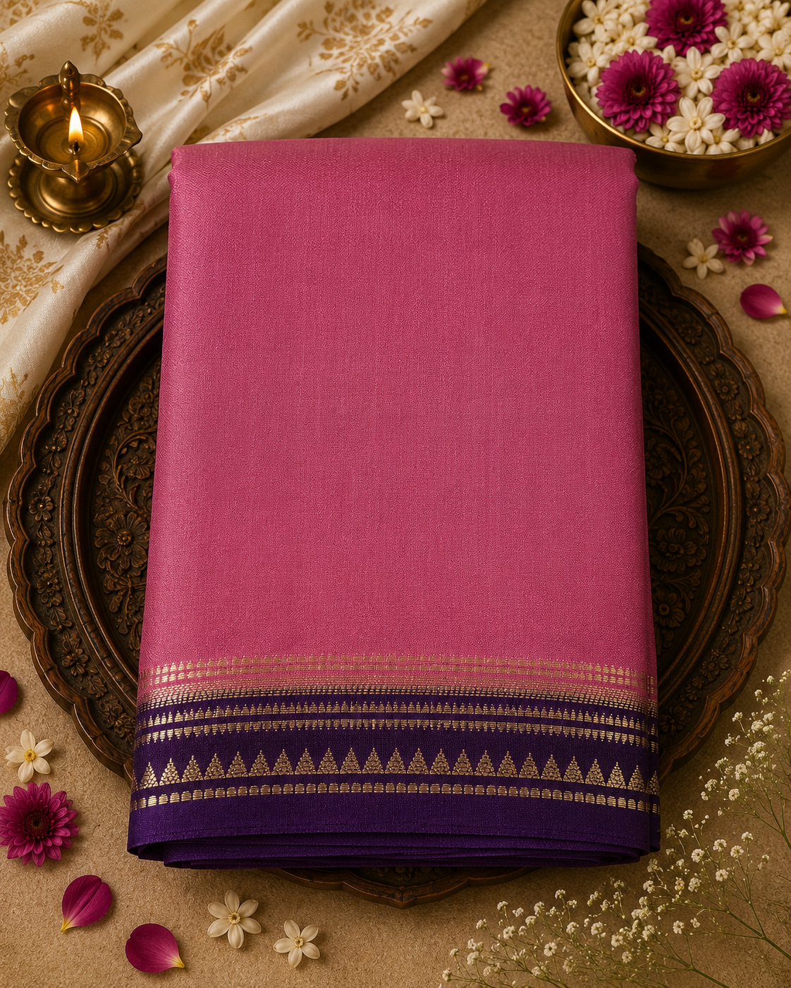 Magenta Temple Border Semi Crepe Silk Saree