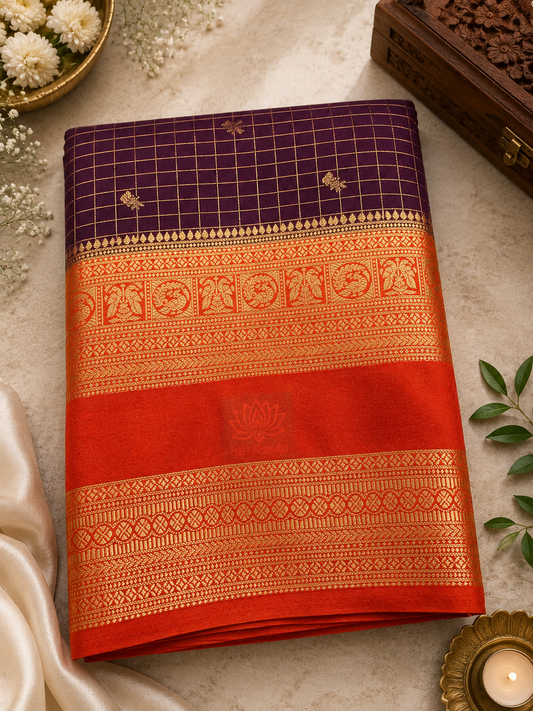 Dark Brown with Orange Checks Semi Mysore Silk Saree