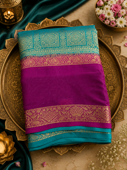 Sea Blue Brocade Crepe Saree
